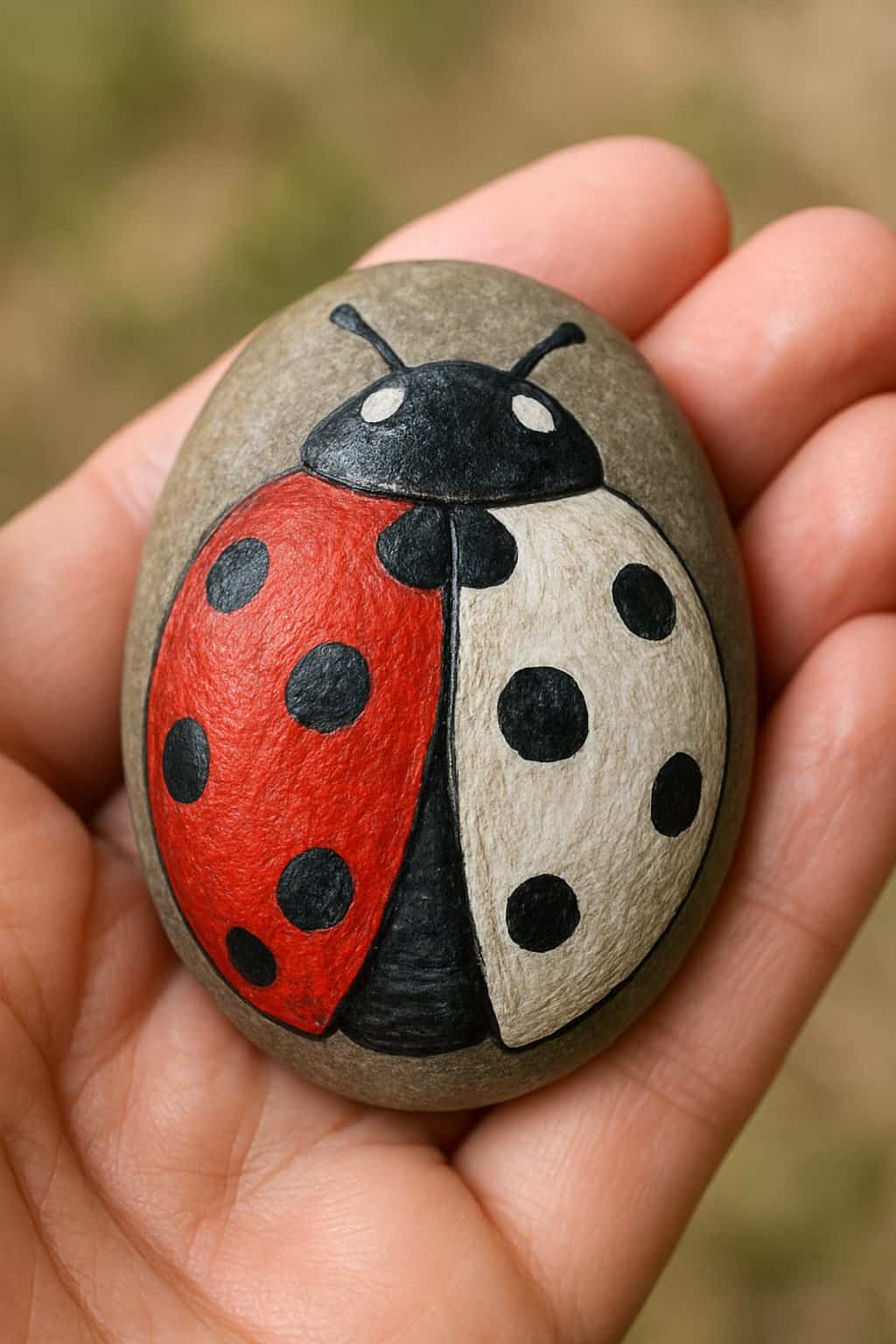 A hand holding a smooth river rock painted with a ladybug design featuring half-red and half-white wings.