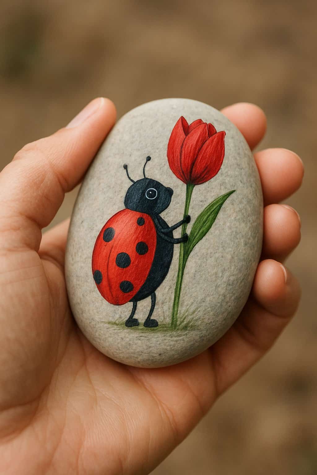 A hand holding a smooth river rock painted with a ladybug holding a tulip.