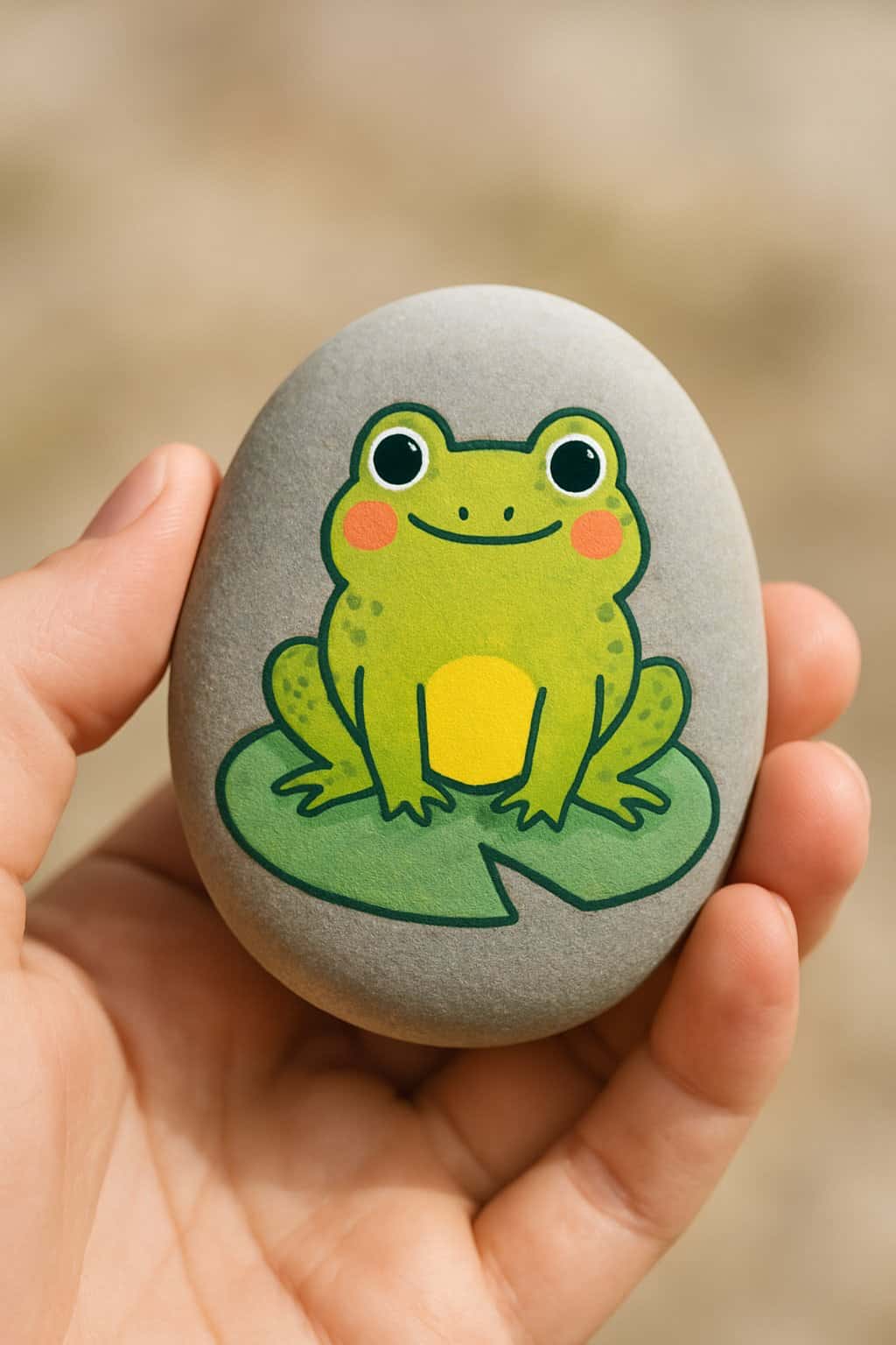A hand holding a smooth river rock painted with a cute frog sitting on a lilypad.