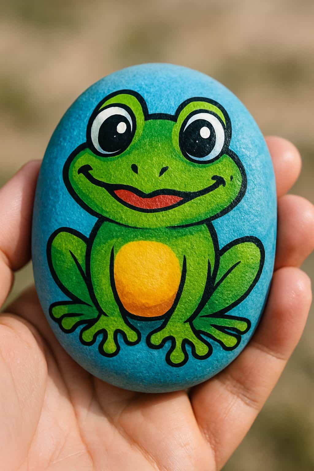 A hand holding a smooth river rock painted with a colorful frog design.