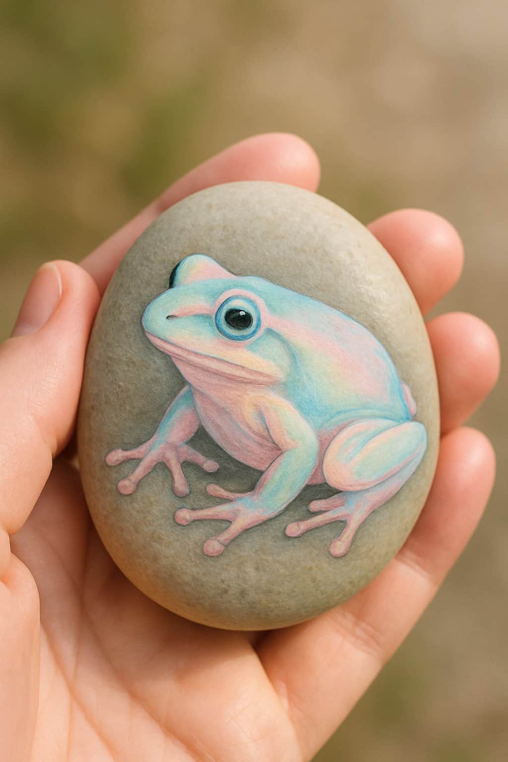 A hand holding a smooth river rock painted with a pastel-colored frog.