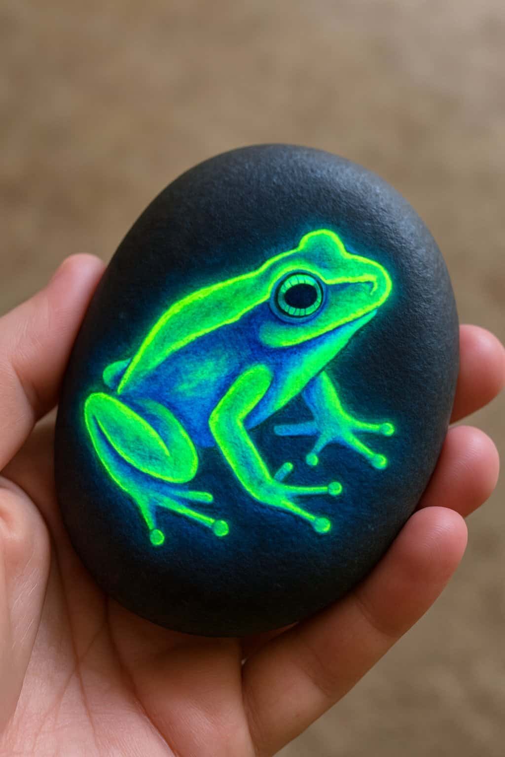 A hand holding a smooth river rock painted with a glowing frog design in neon colors.