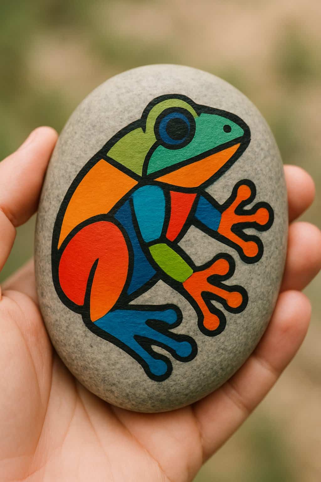 A hand holding a smooth river rock painted with an abstract frog design made of geometric shapes.