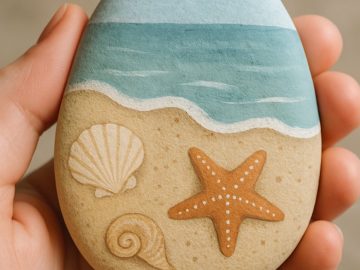 A hand holds a smooth stone painted with a beach scene, including blue ocean waves, beige sand, a white seashell, a spiral shell, and an orange starfish.