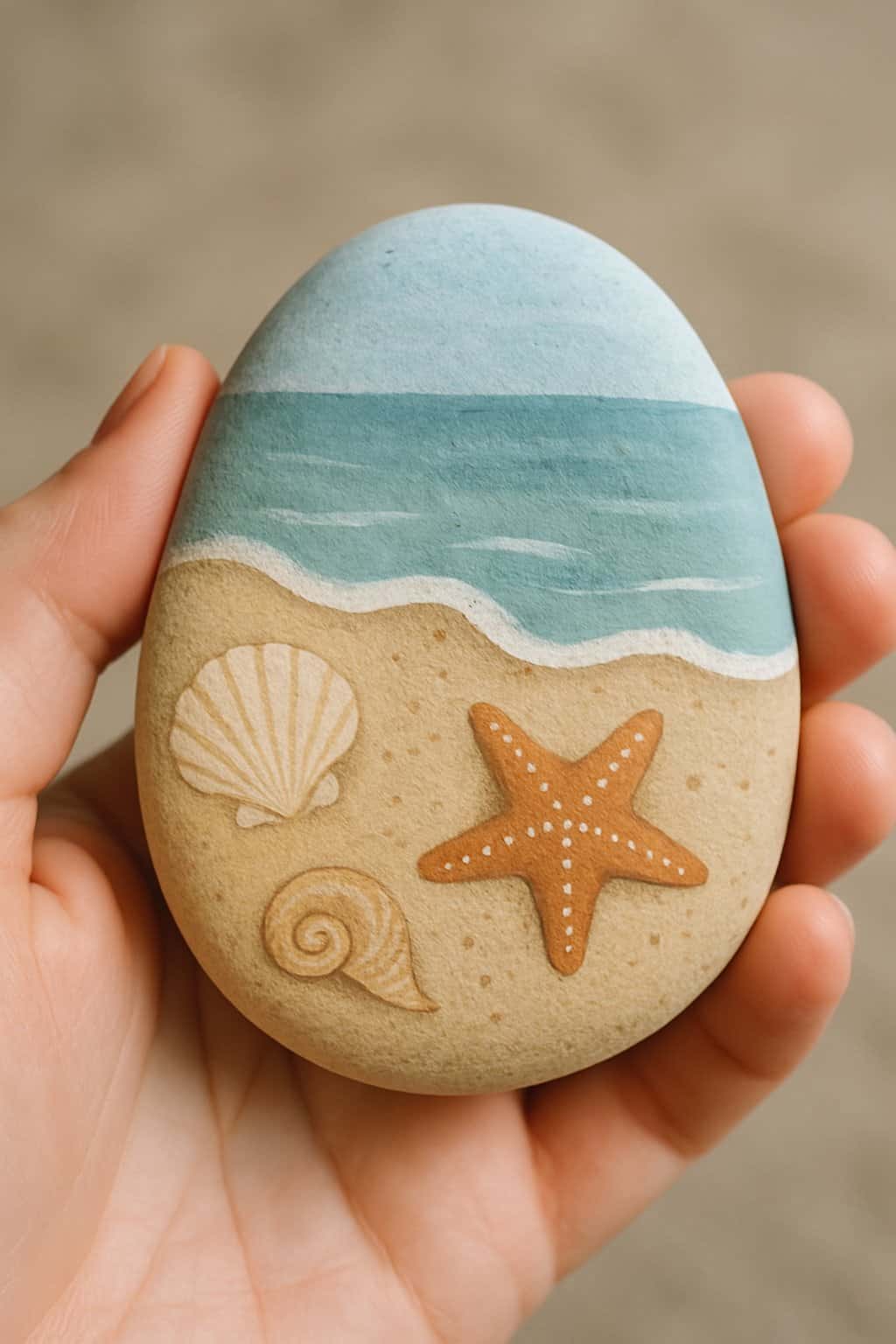 A hand holding a smooth painted river rock with a beach-themed design.