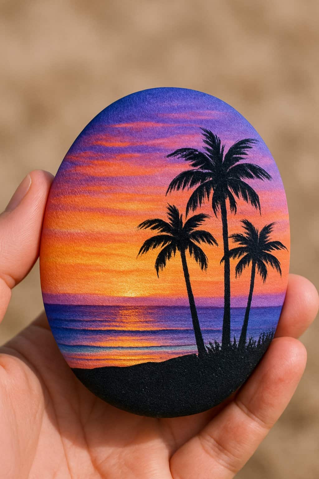 A hand holding a smooth river rock painted with a sunset beach scene featuring palm trees and ocean.