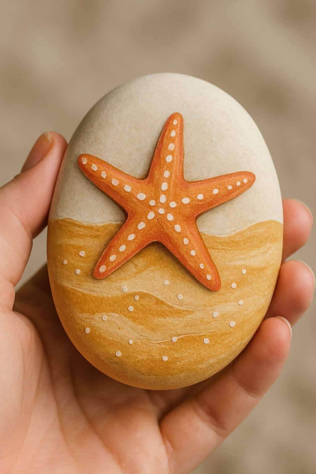 A hand holding a smooth river rock painted with a starfish and sand design.