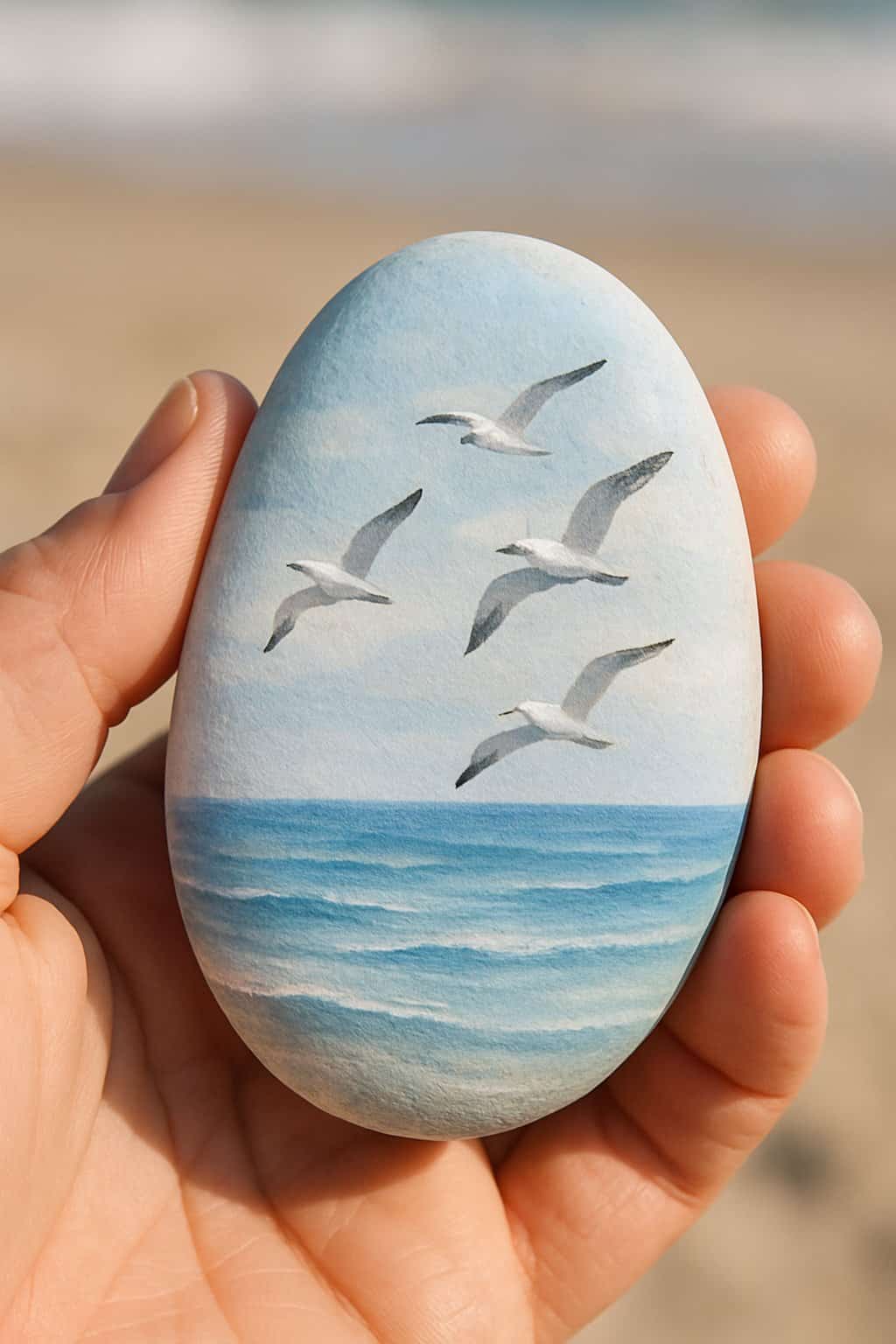 A hand holding a smooth river rock painted with seagulls flying over the ocean.