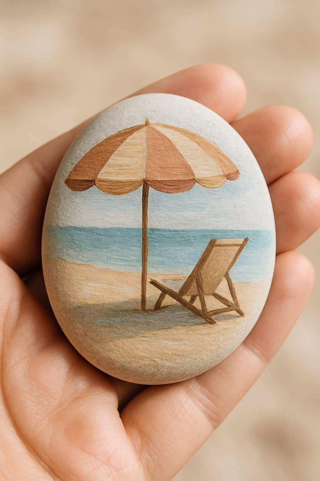 A hand holding a painted smooth river rock with a beach umbrella and chair design.