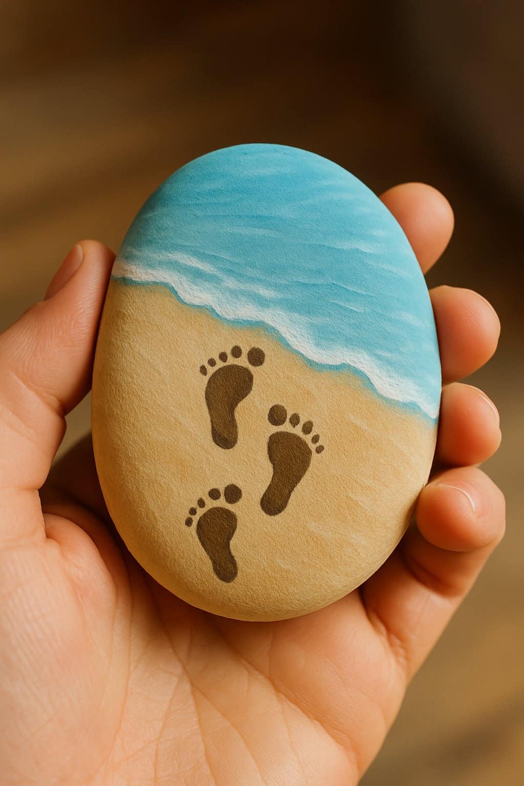 A hand holding a smooth painted rock with a beach-inspired design.