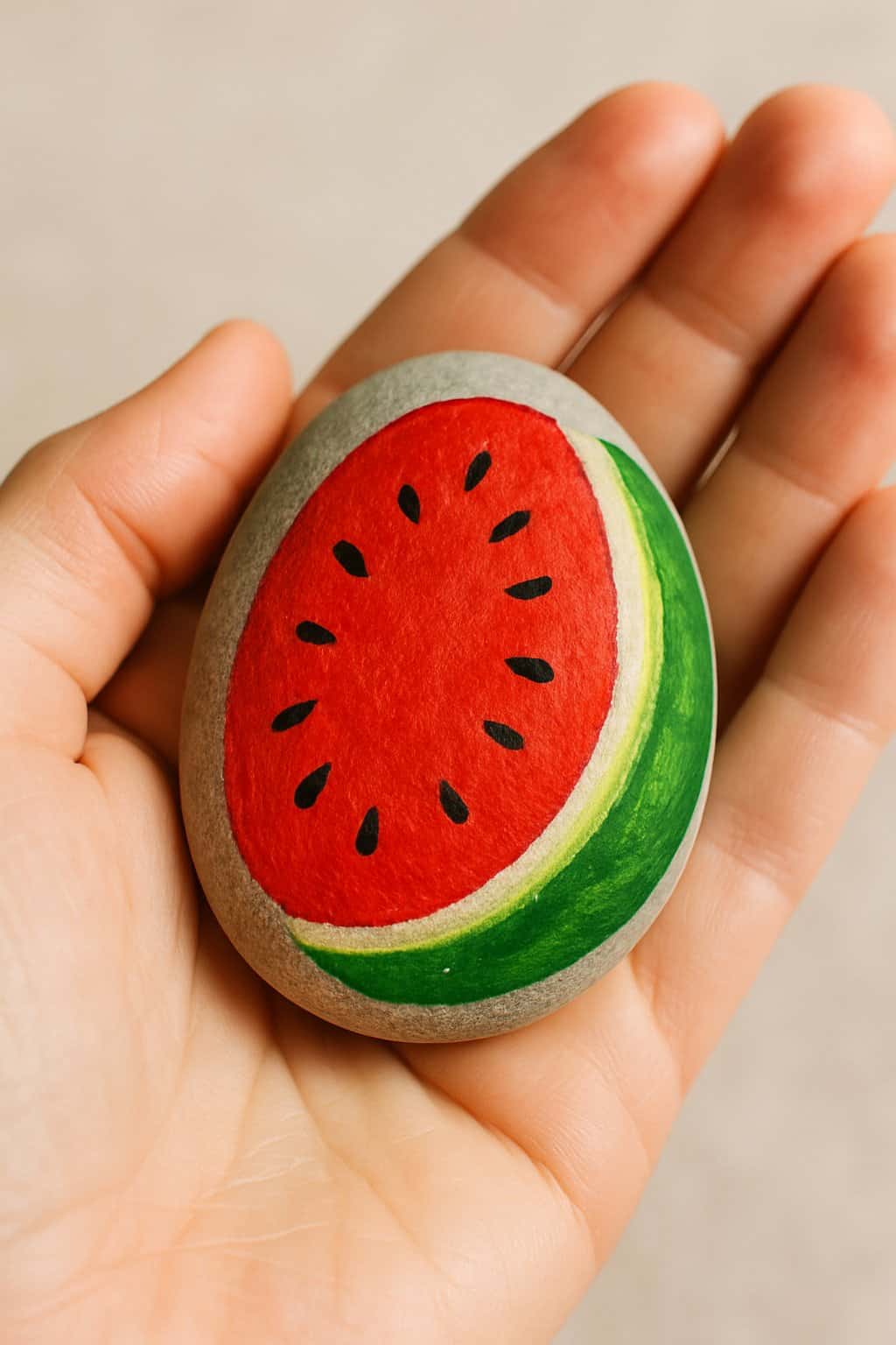 A hand holding a smooth river rock painted with a watermelon design.