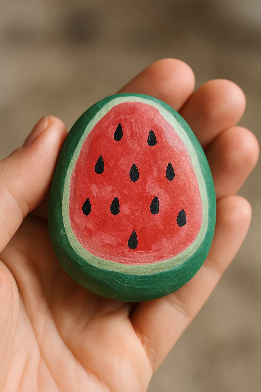 A hand holding a smooth river rock painted with red and pink colors resembling a watermelon.