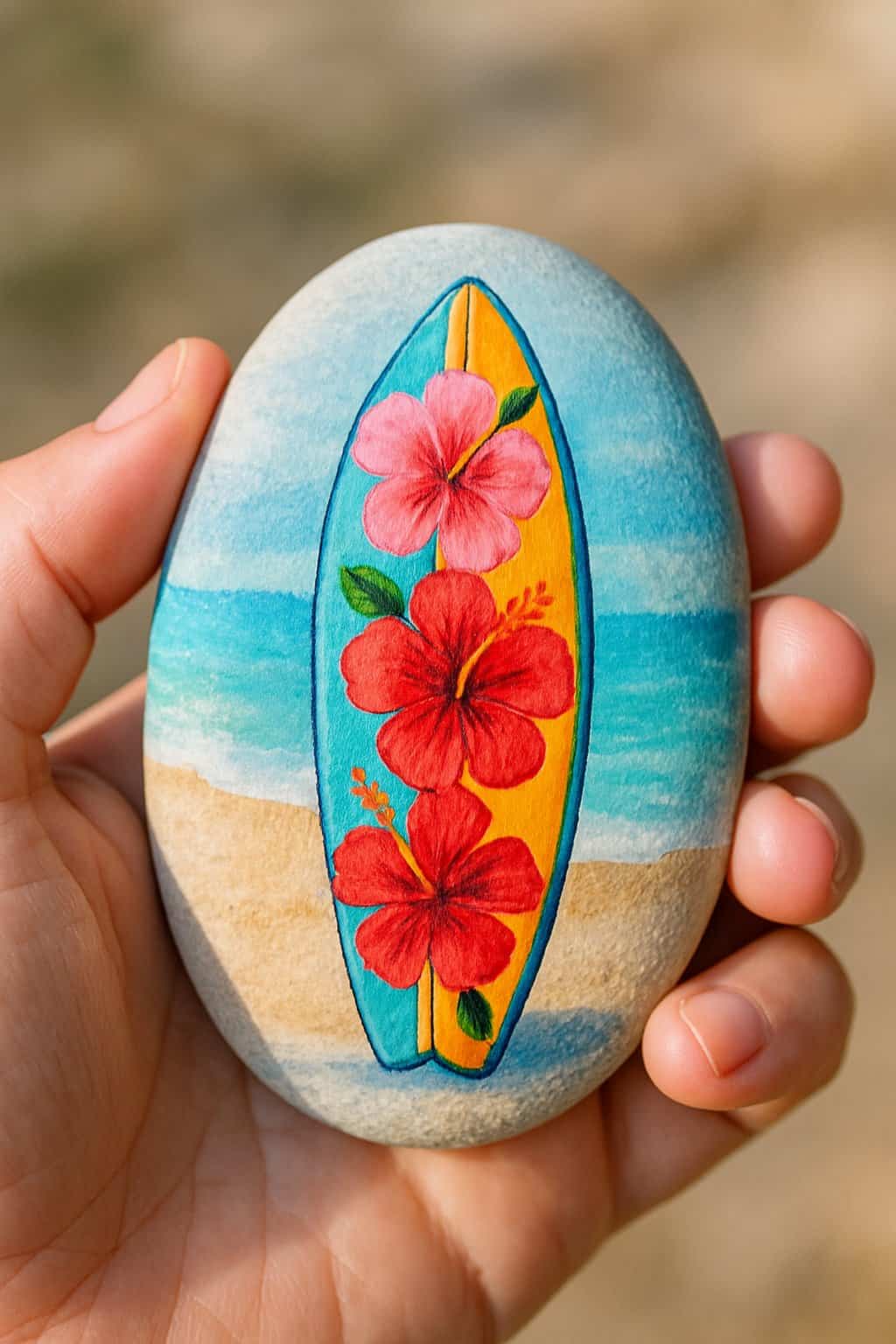 Hand holding a smooth river rock painted with a surfboard and hibiscus flowers design.