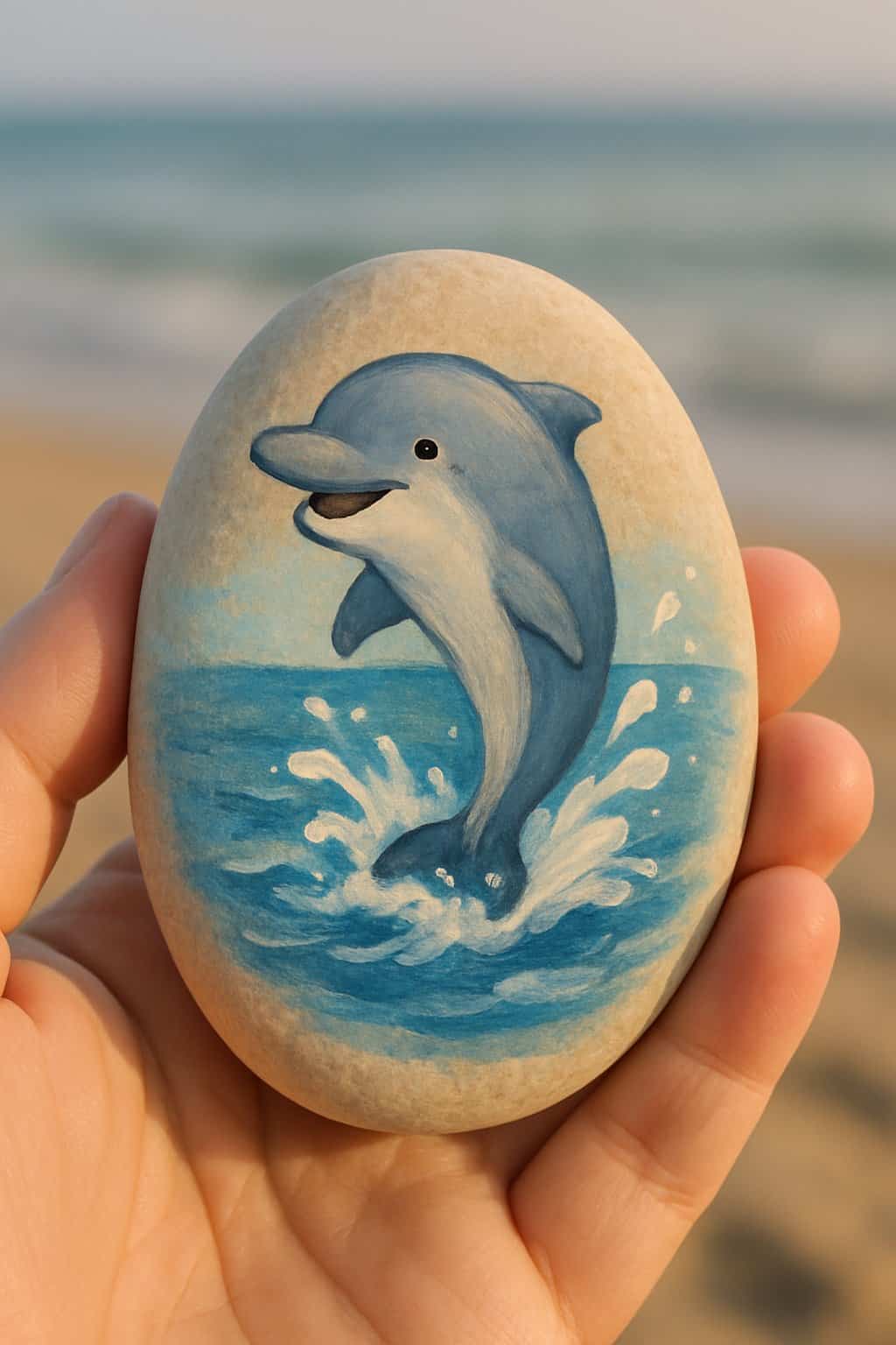 A hand holding a smooth river rock painted with a smiling dolphin splashing in water.