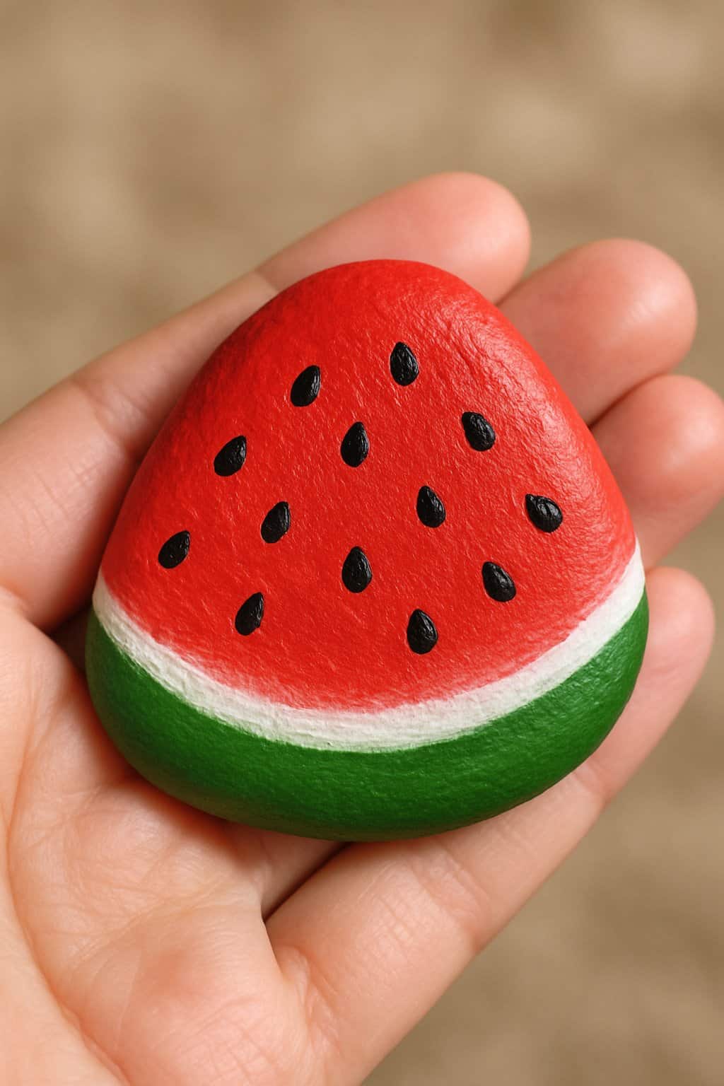 A hand holding a smooth river rock painted to look like a watermelon slice.