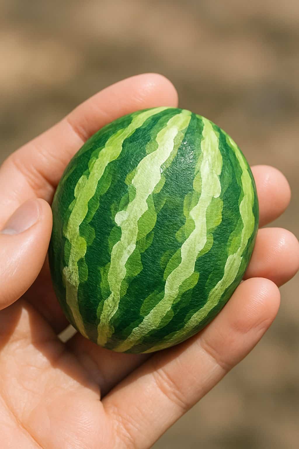 A hand holding a smooth river rock painted with green and white colors resembling a watermelon rind.