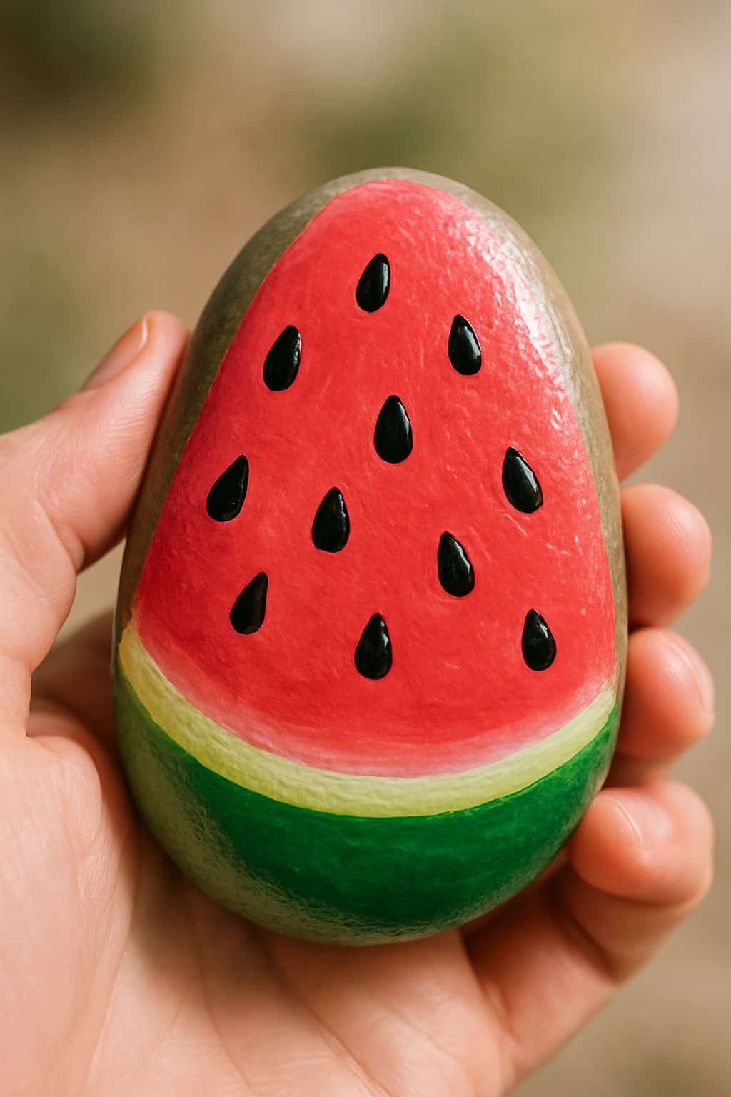 A hand holding a smooth painted river rock with a watermelon design.