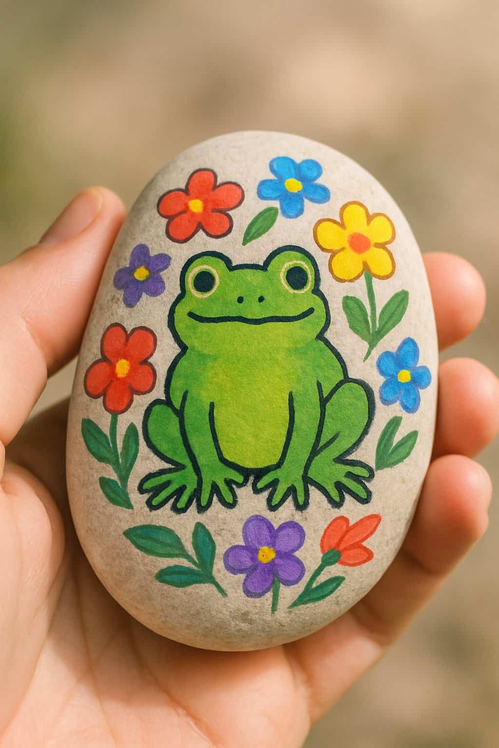 A hand holding a smooth river rock painted with a green frog and colorful flowers.