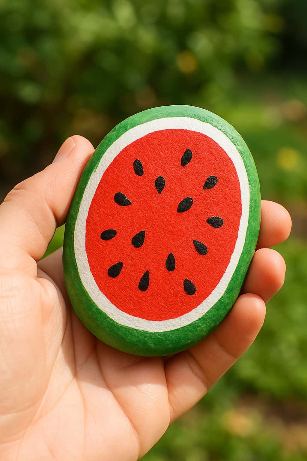 A hand holding a smooth river rock painted to look like a watermelon slice.