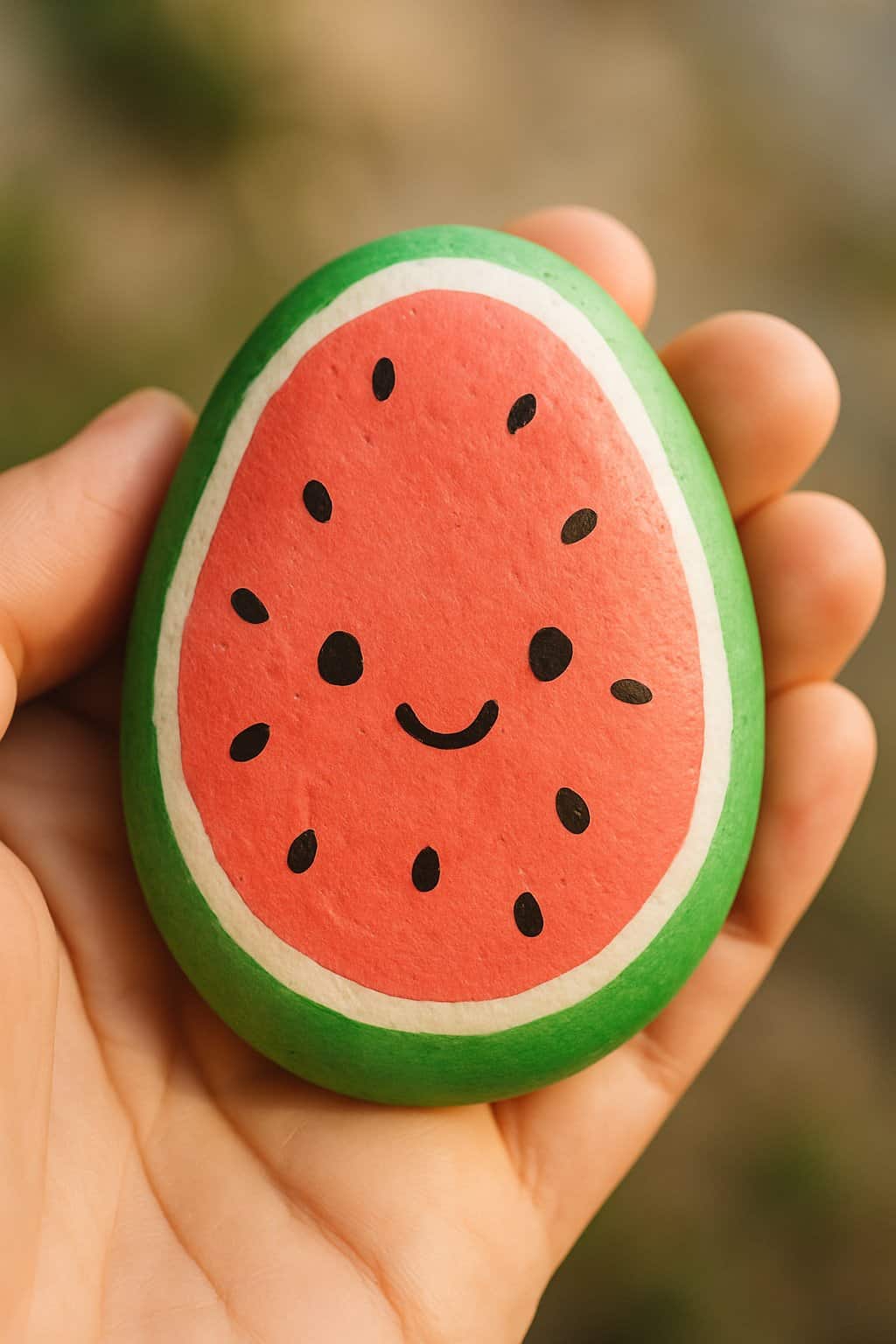 A hand holding a smooth river rock painted like a watermelon with a smiley face.