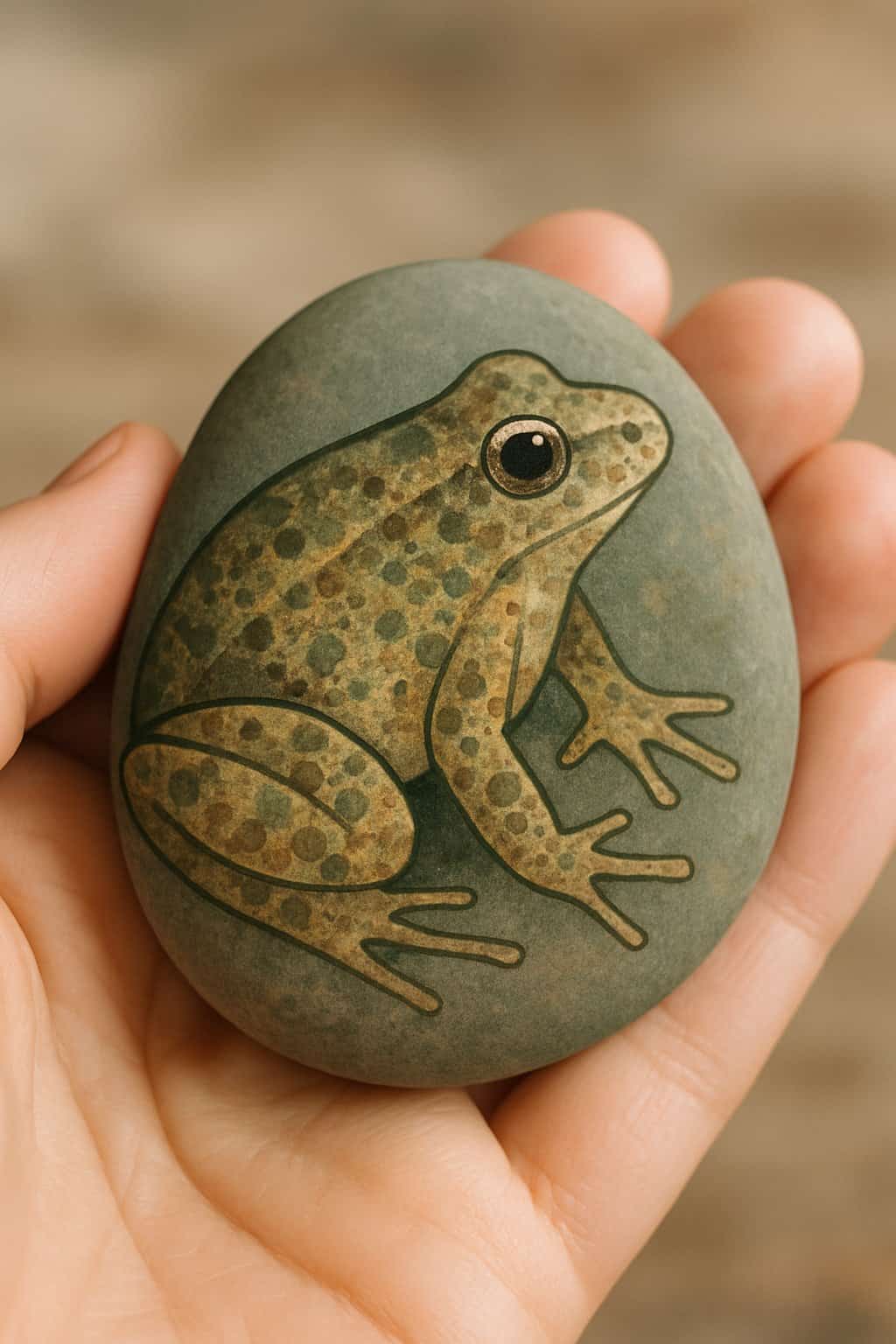 A hand holding a smooth river rock painted with a frog design featuring a speckled stone pattern.