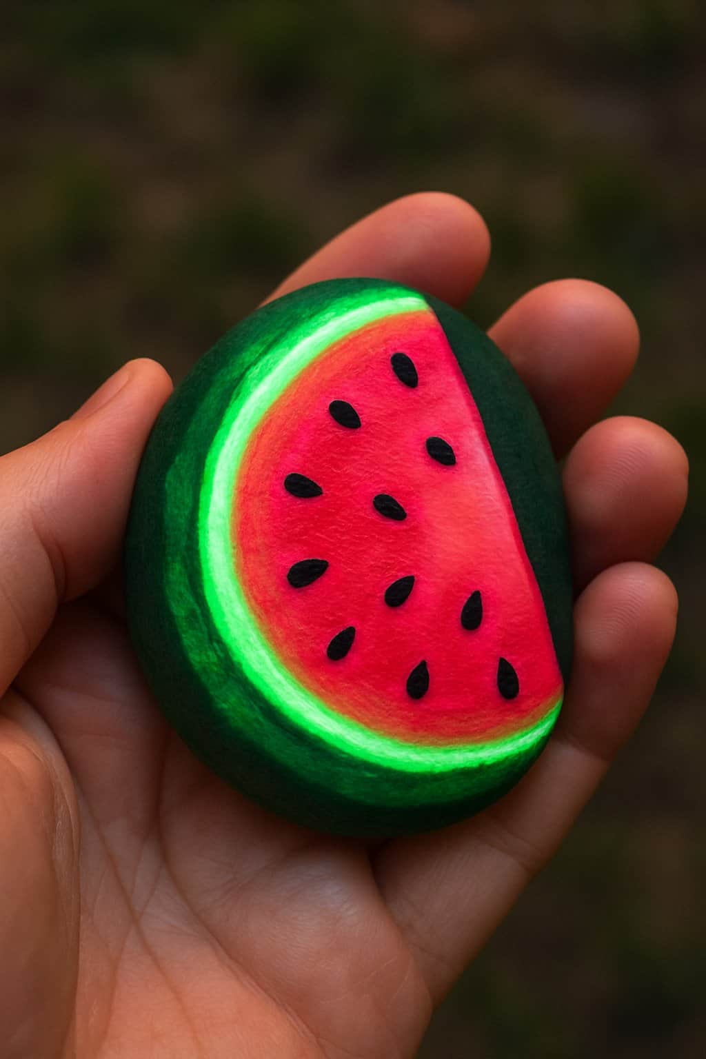 A hand holding a smooth river rock painted to look like a watermelon slice.