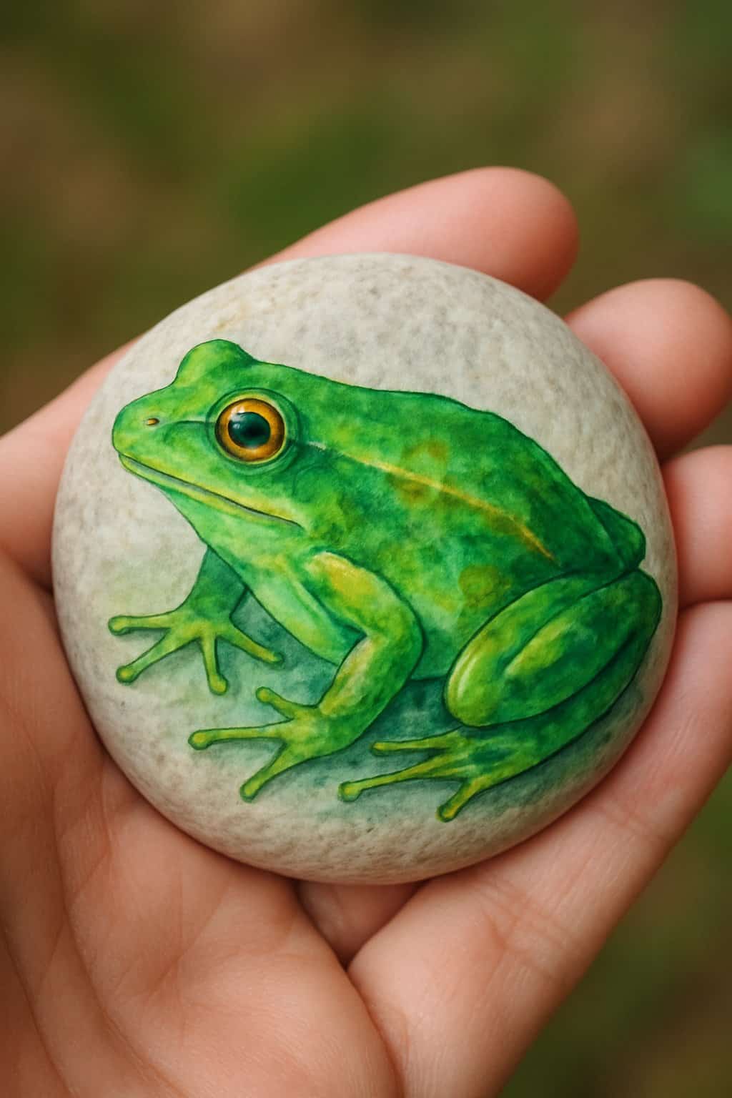A hand holding a smooth river rock painted with a colorful frog design.