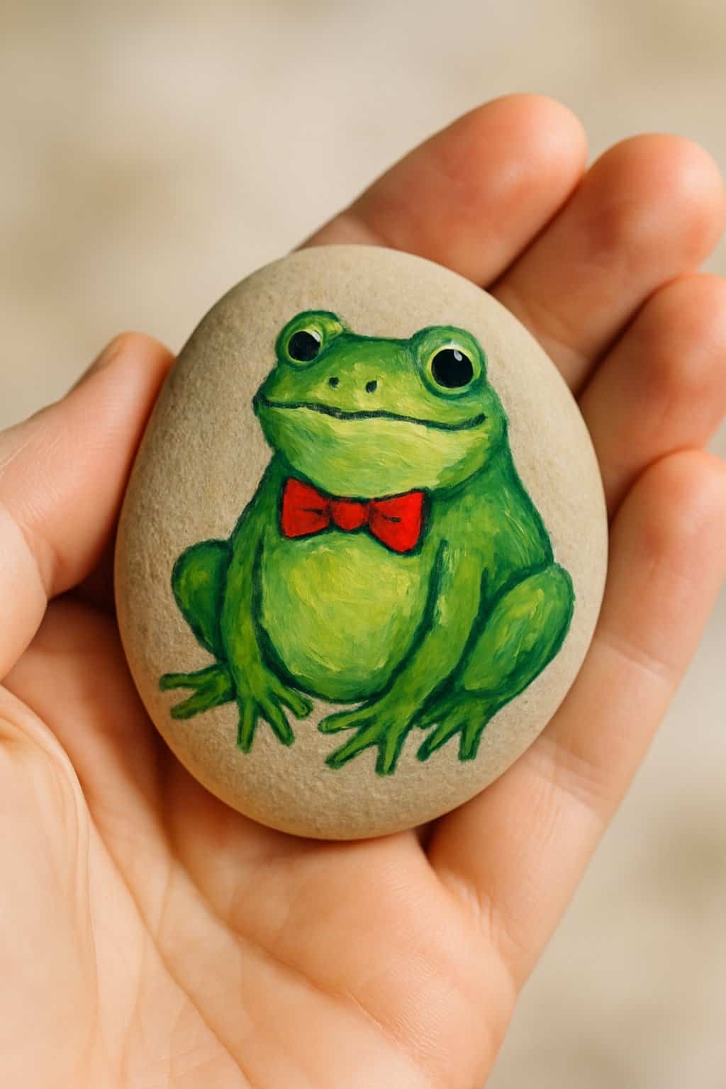 A hand holding a smooth river rock painted with a frog wearing a tiny bow tie.