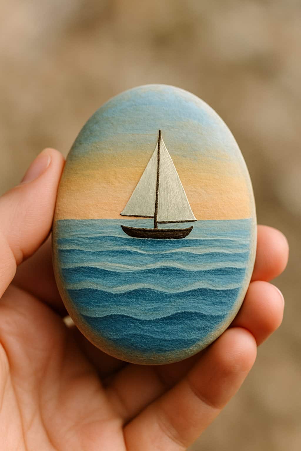 A hand holding a smooth river rock painted with a sailboat on the horizon.