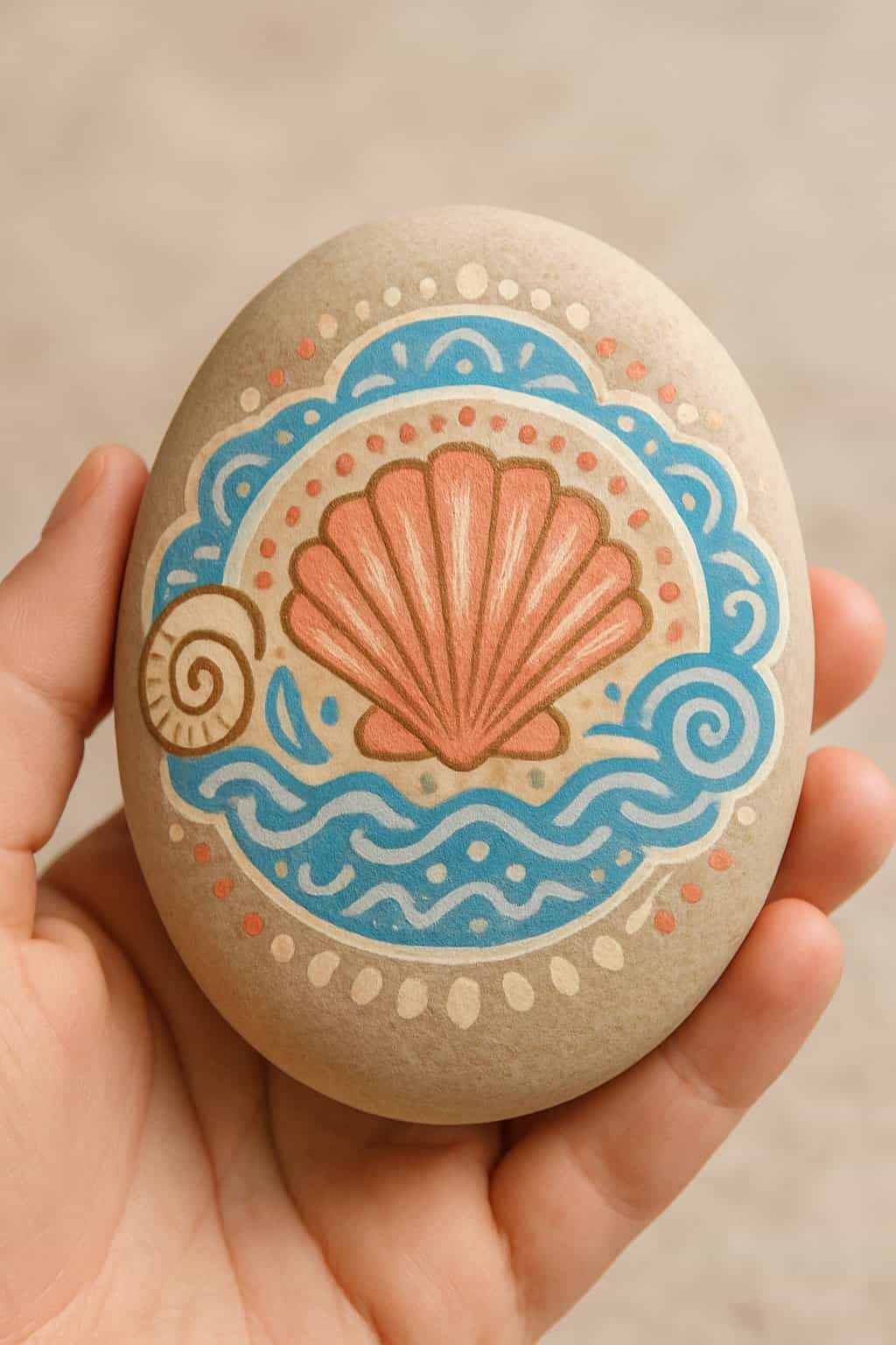A hand holding a smooth river rock painted with a seashell mandala design.