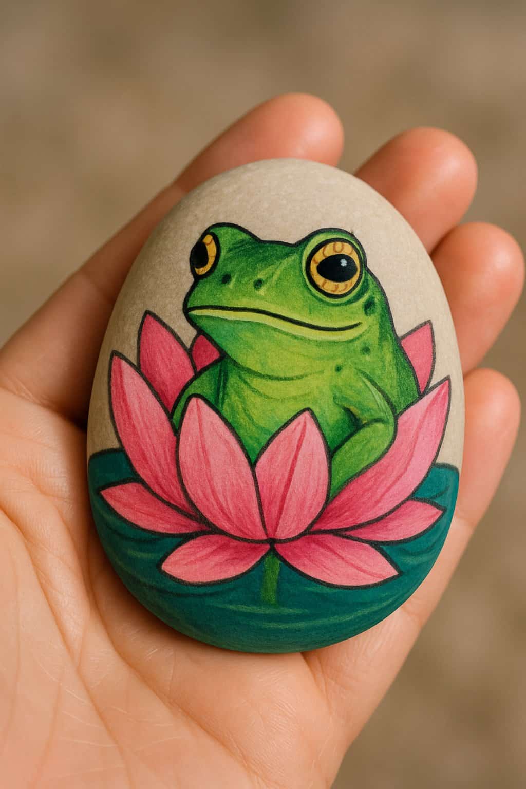 A hand holding a smooth river rock painted with a green frog emerging from a pink lotus flower.