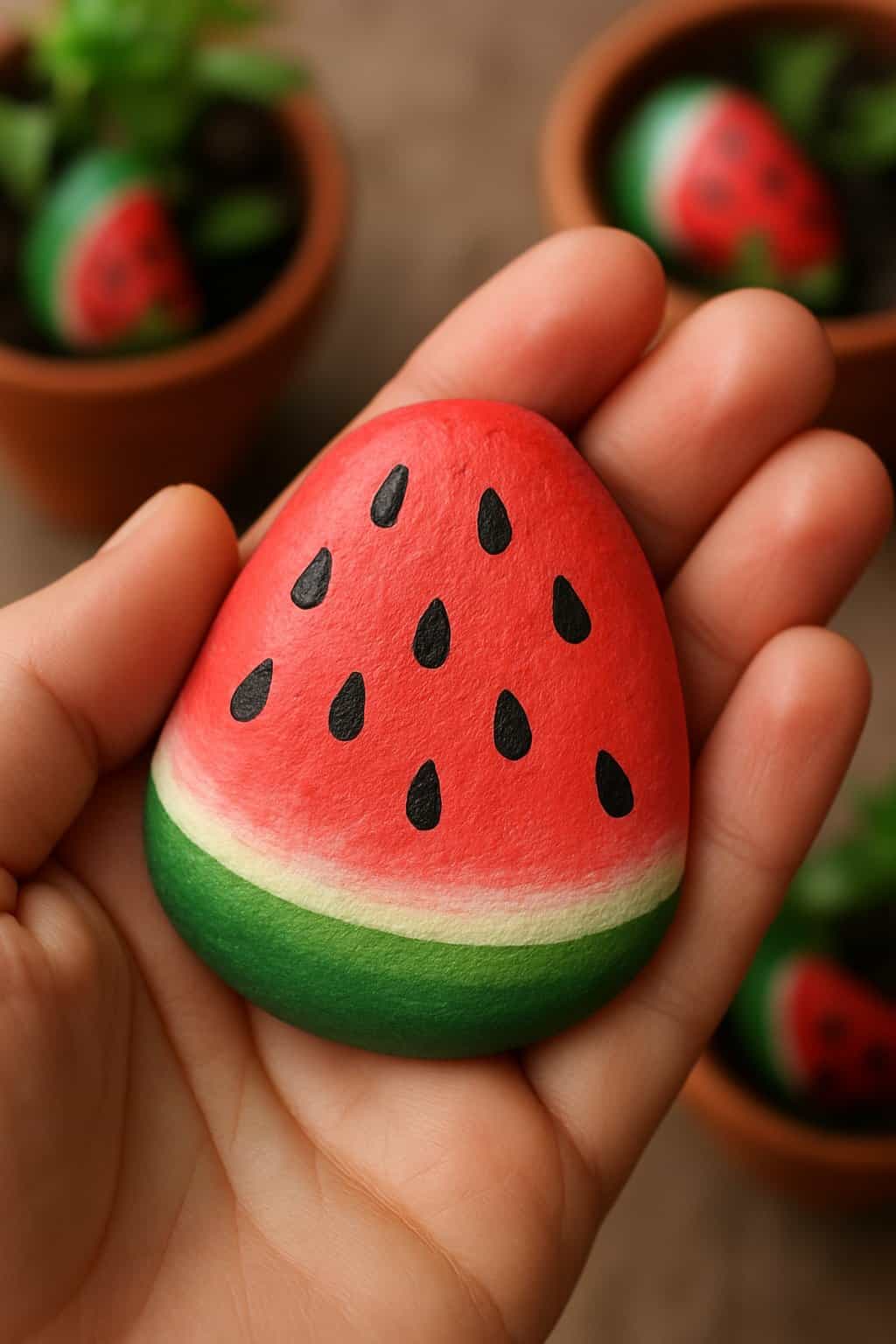 A hand holding a smooth river rock painted to look like a watermelon slice with potted plants in the background.