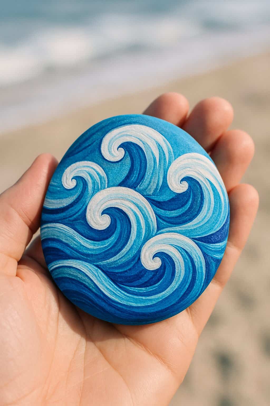 A hand holding a smooth river rock painted with blue and white ocean wave swirls.