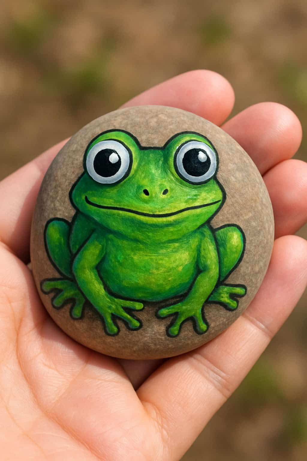 A hand holding a smooth river rock painted with a green frog with large eyes.