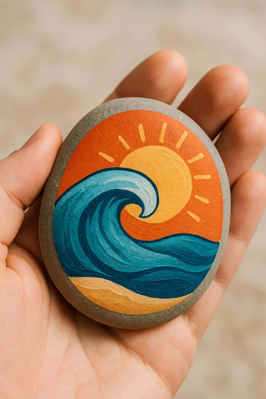 A hand holding a smooth river rock painted with a wave and sun design.