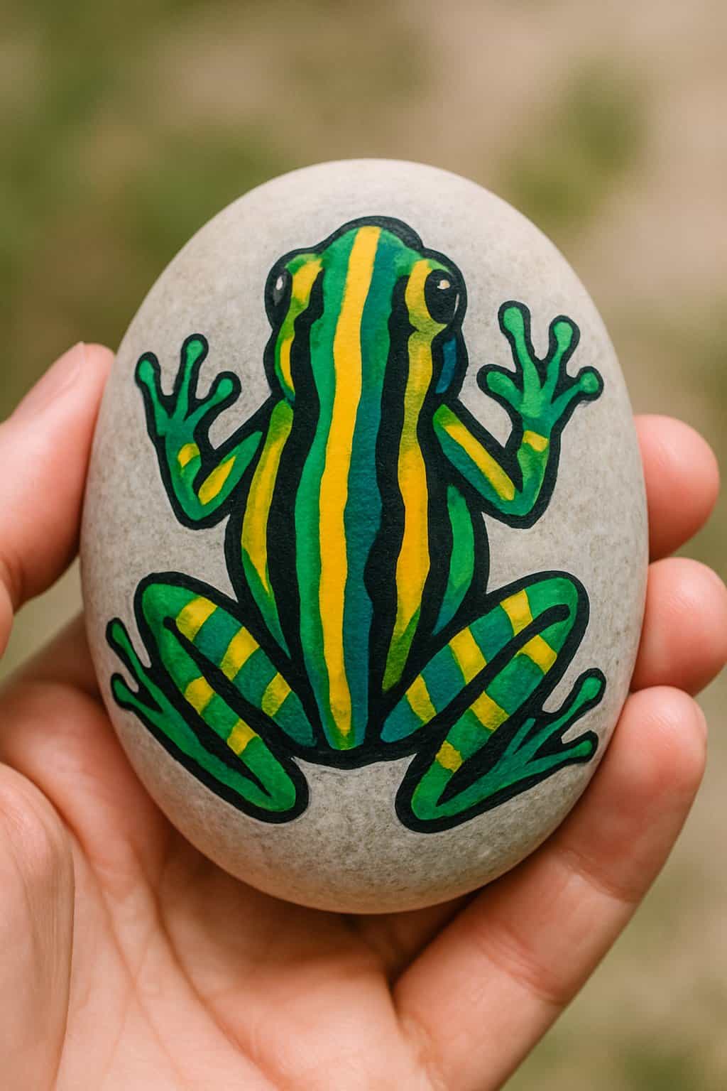 A hand holding a smooth river rock painted with a colorful striped frog design.