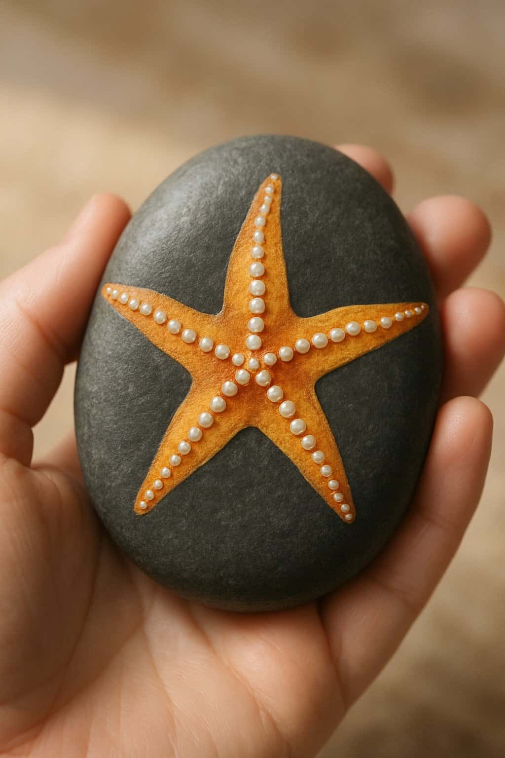 A hand holding a smooth river rock painted with a starfish design and pearl accents.