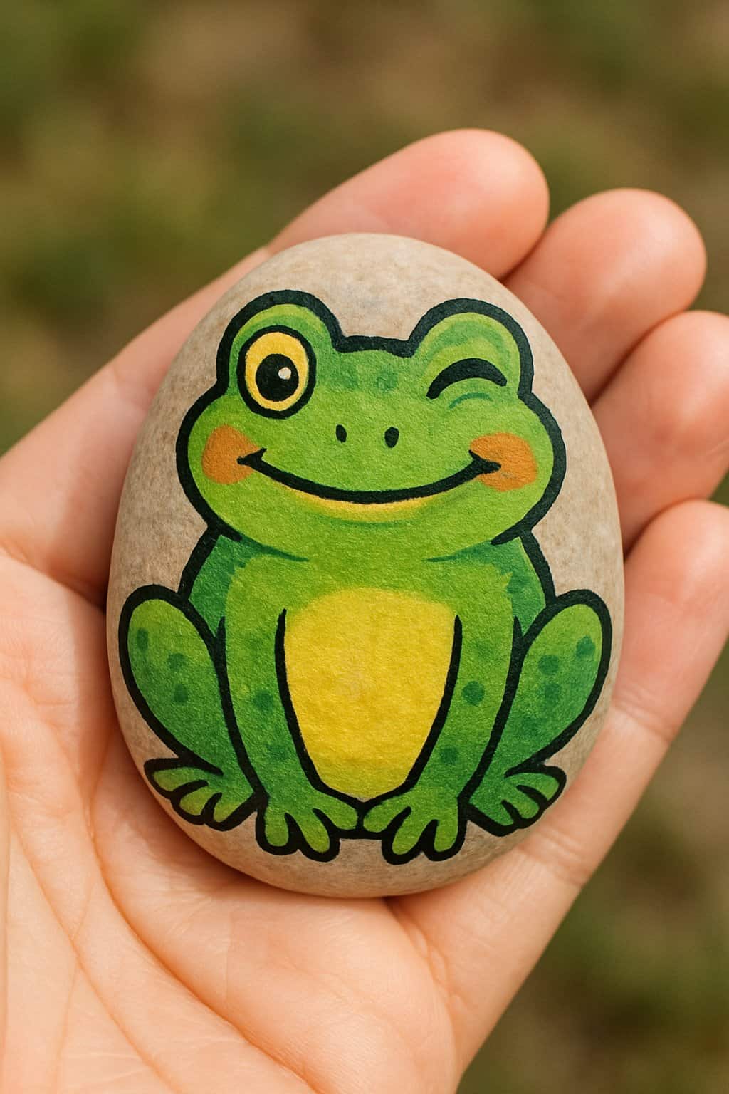 A hand holding a smooth river rock painted with a cheeky winking frog design.