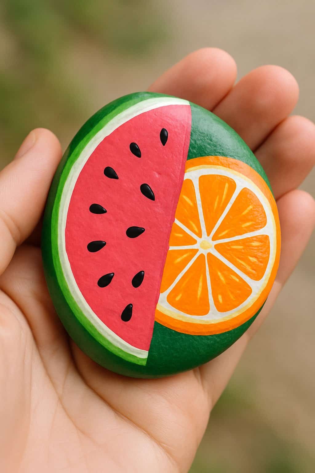 A hand holding a smooth river rock painted with colorful watermelon and orange fruit designs.