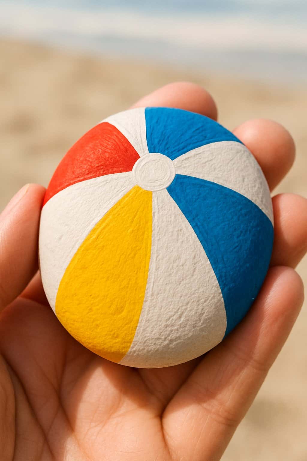 A hand holding a smooth river rock painted with colorful beach ball stripes.