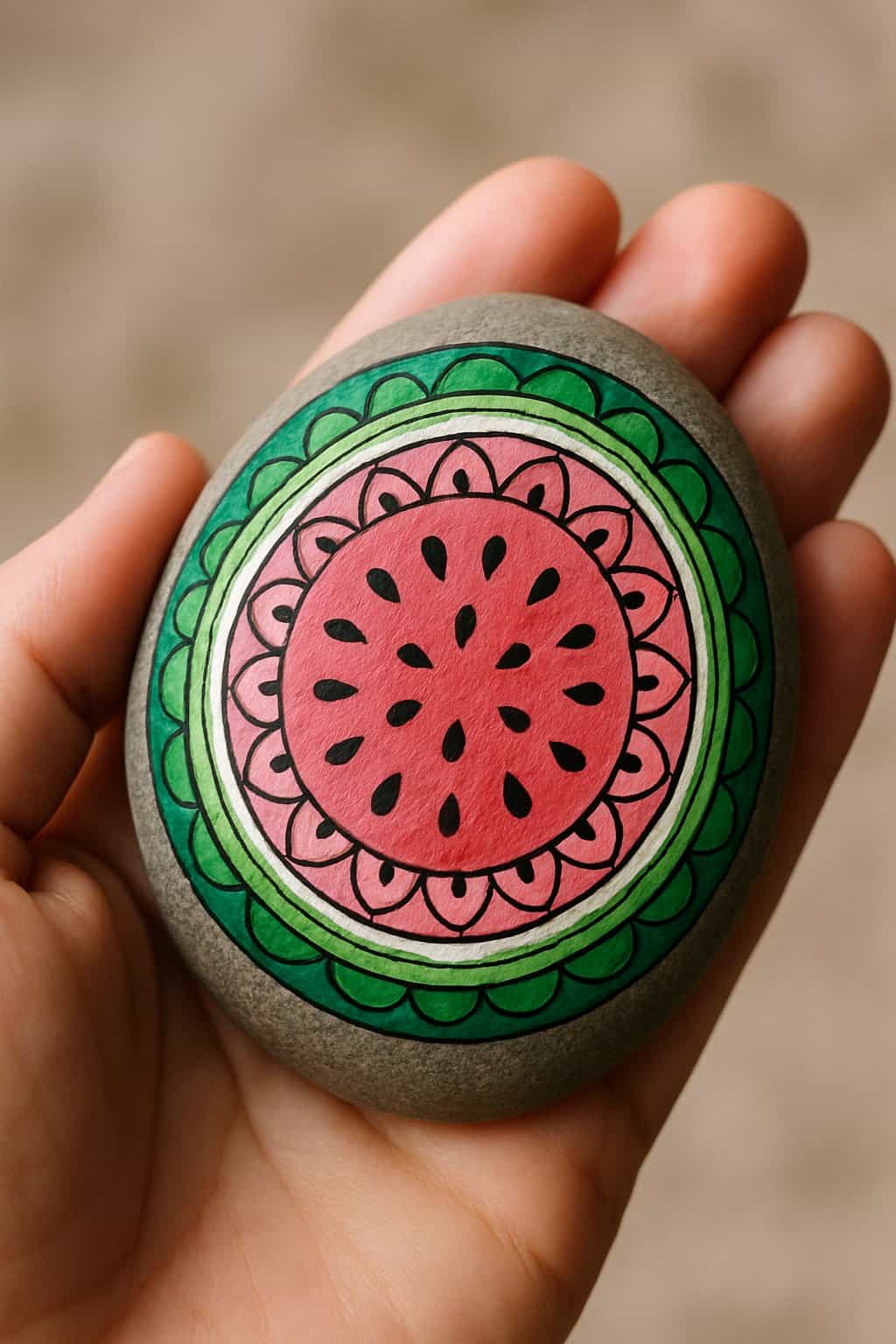 A hand holding a smooth river rock painted with a colorful watermelon-inspired mandala design.
