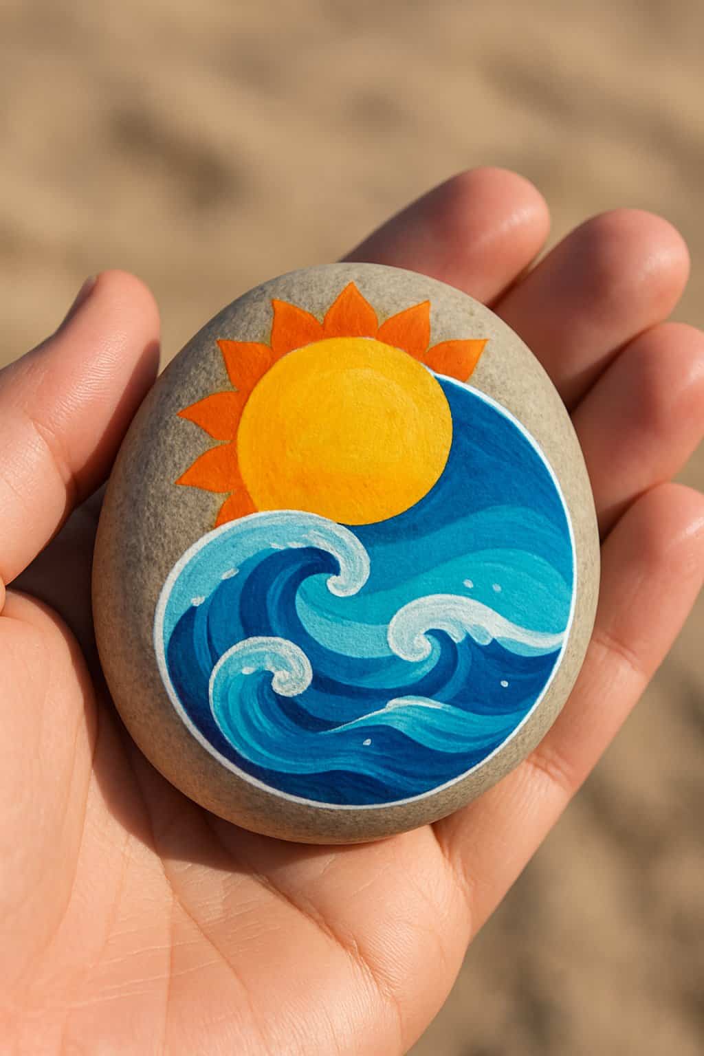 A hand holding a smooth river rock painted with a sun and waves yin yang design.