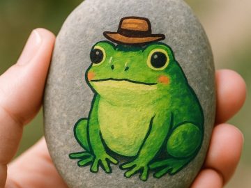 A hand holds a smooth stone painted with a green frog wearing a brown hat. The frog has large eyes, a slight smile, and pink cheeks. The background is softly blurred.