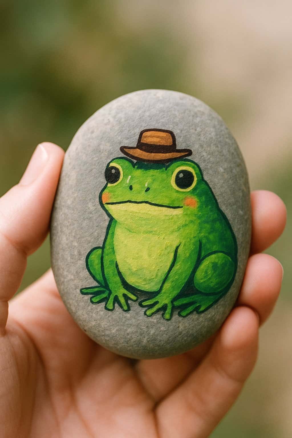 A hand holding a smooth river rock painted with a frog wearing a tiny hat.