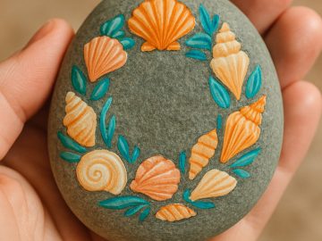 A hand holds a smooth gray stone painted with a wreath of orange seashells and green leaves arranged in a circle on its surface.
