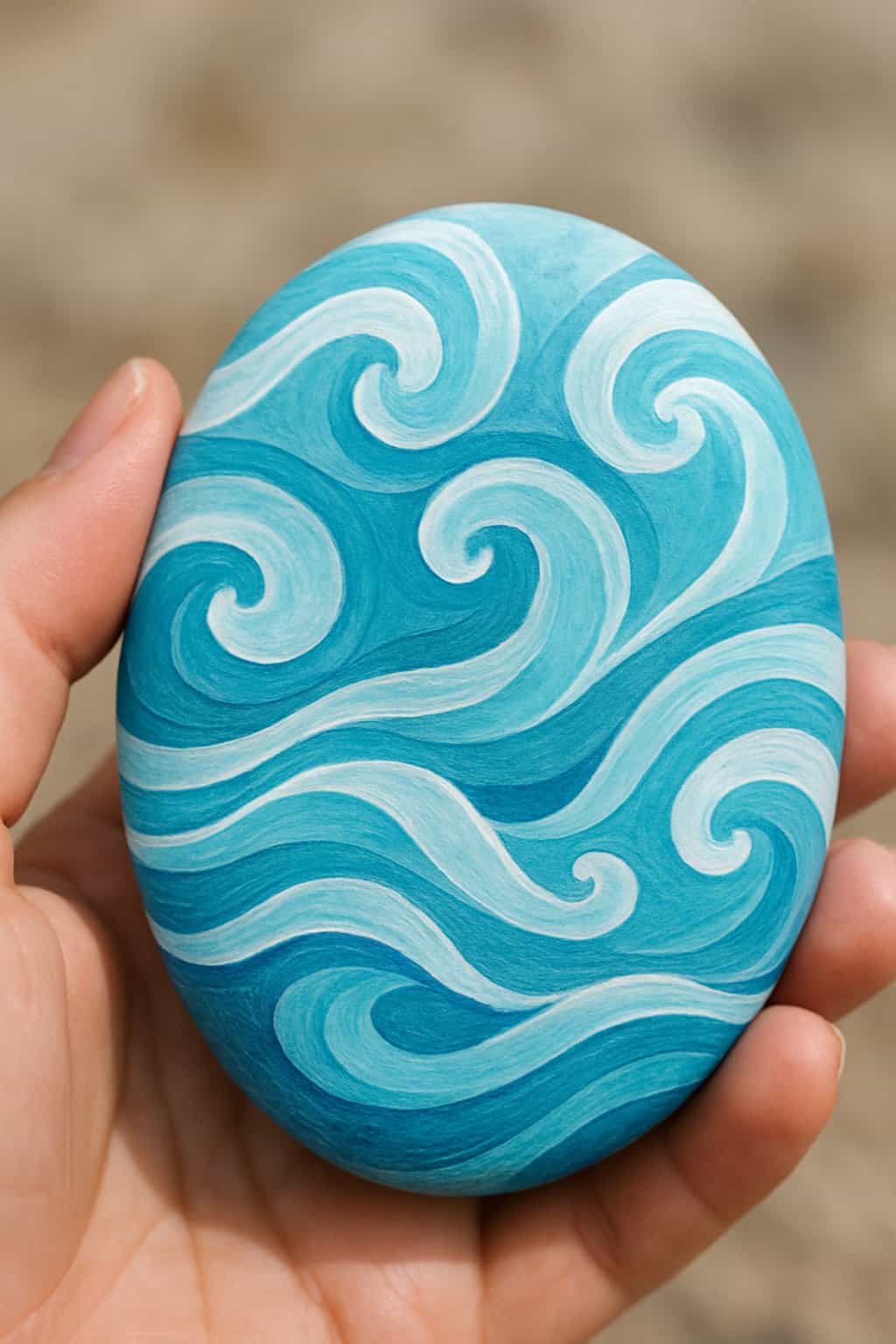 A hand holding a smooth painted river rock with blue and white ocean-inspired swirls.
