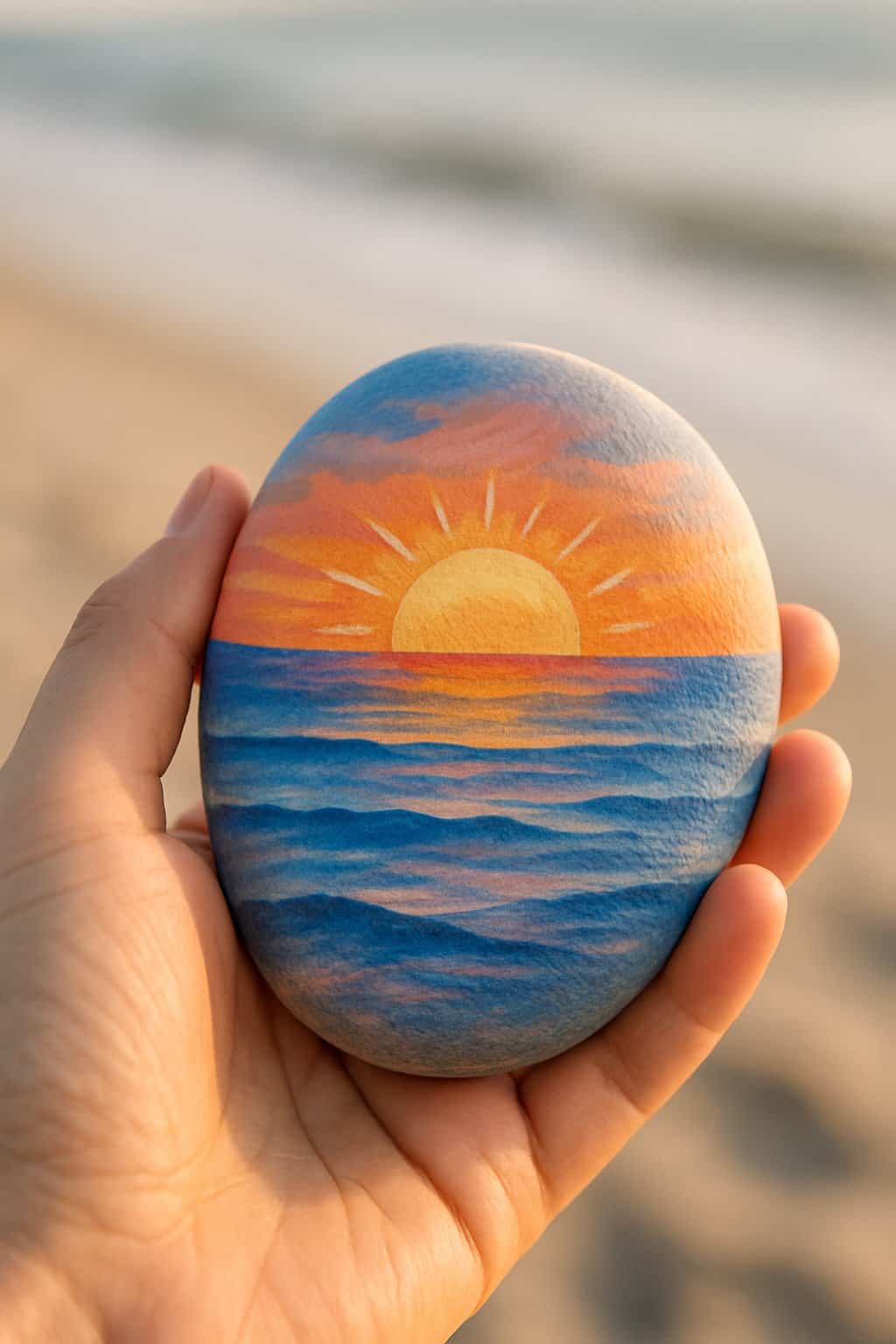 A hand holding a smooth painted rock with a sunrise over the ocean design.