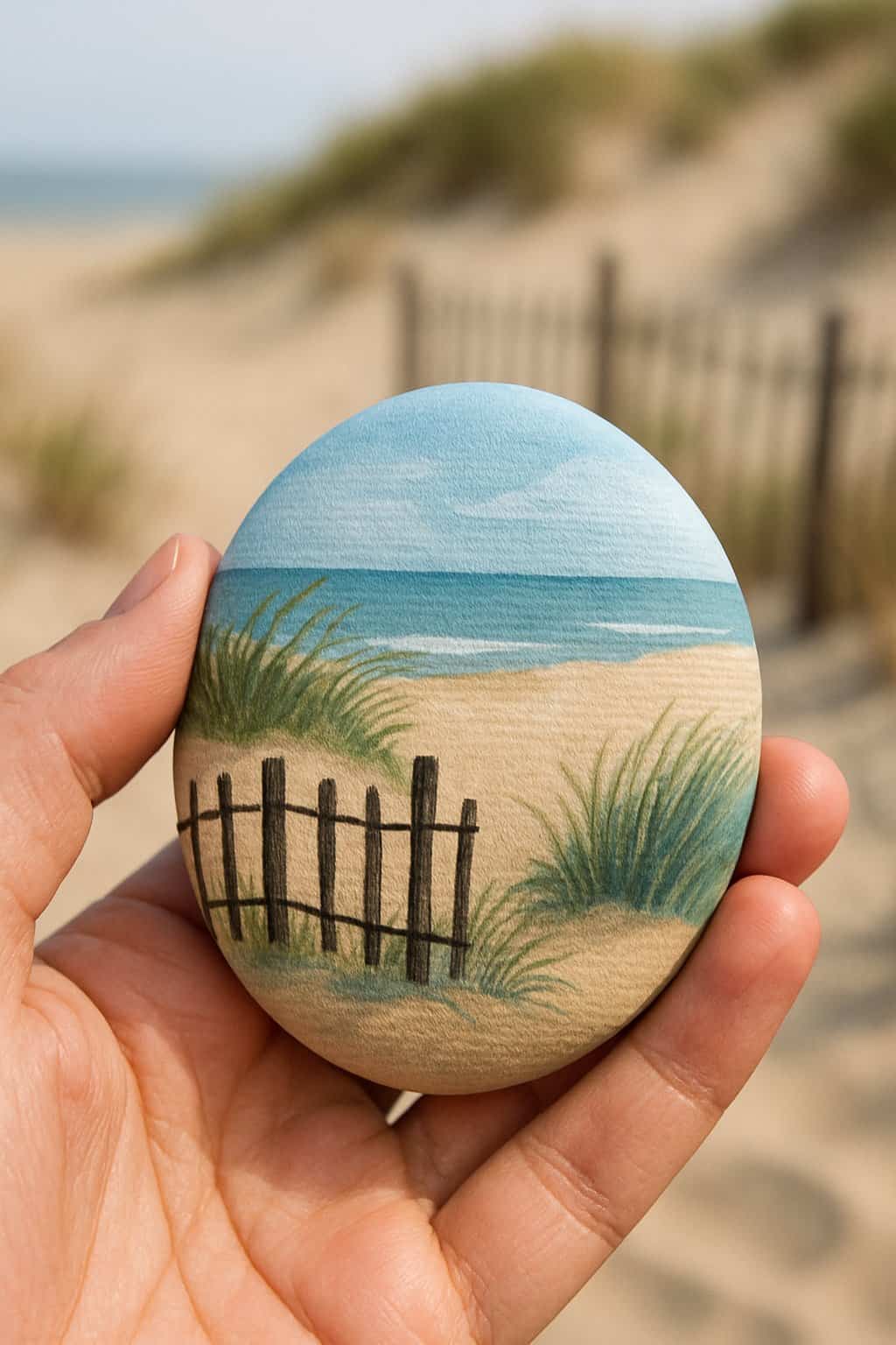 A hand holding a smooth painted river rock with a beach fence and dunes design.