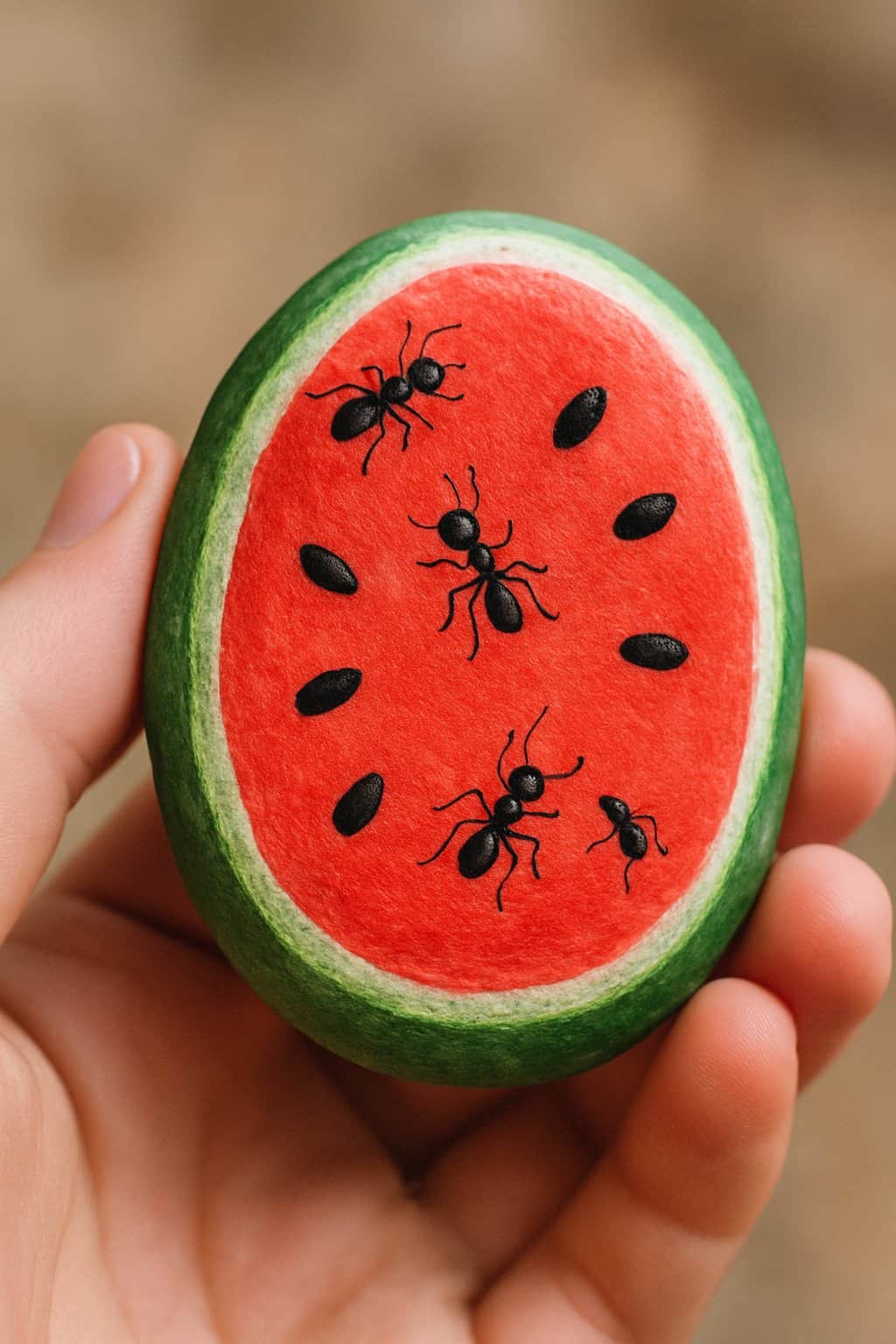 A hand holding a smooth river rock painted like a watermelon with small ant illustrations on it.