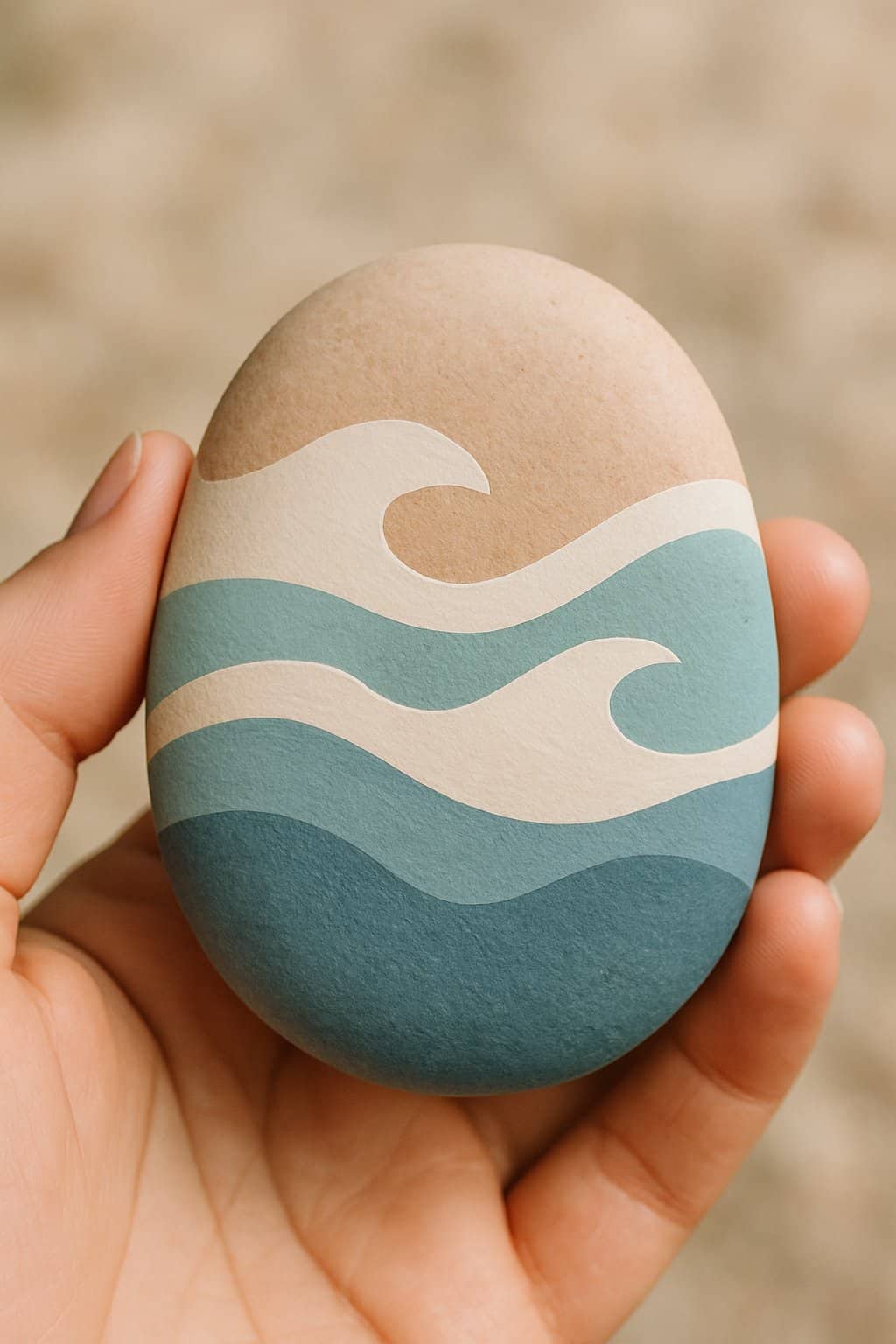 A hand holding a smooth river rock painted with wave line designs.